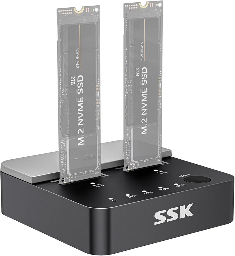 SSK NVMe SSD Cloner, M.2 Duplicator Dual Bay NVMe Enclosure, Tool-Free 20Gbps USB3.2 Gen 2X2 SSD to USB Adapter M.2 Docking Station for M Key PCIE NVMeSSD Reader Supports Offline Clone - Image 1